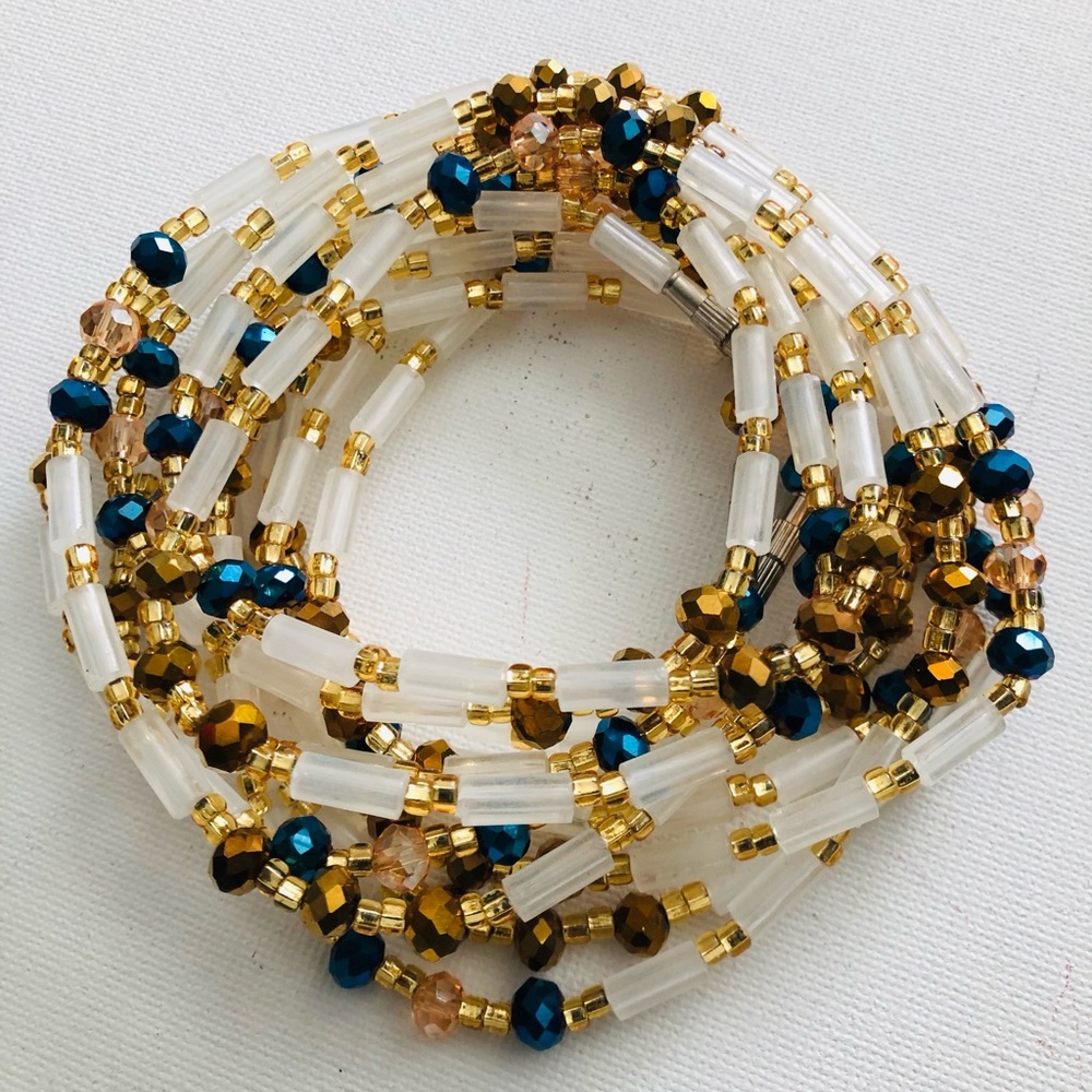 Gold and Blue Multi-Strand African Beaded Waist beads/Waist Chain